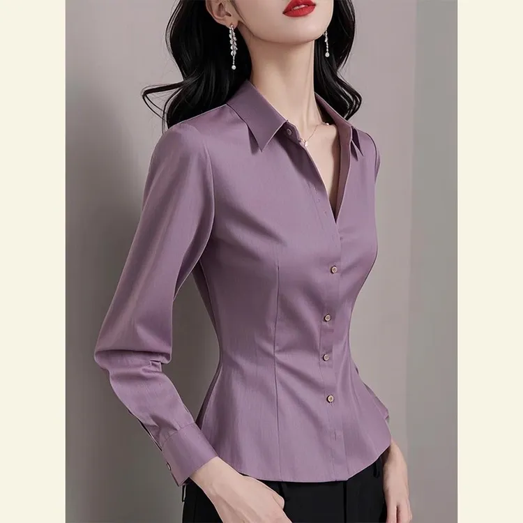 初春法式独特超好看上衣高级感轻奢减龄洋气小众紫色掐腰衬衫