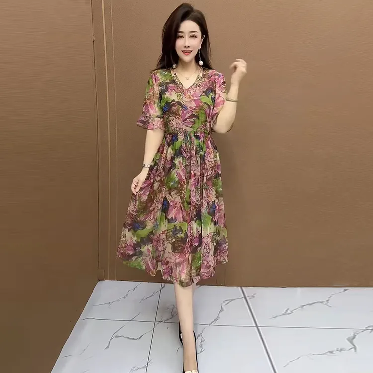 高品质重工夏季新款女士时尚碎花连衣裙百搭显瘦洋气仙女裙中长裙