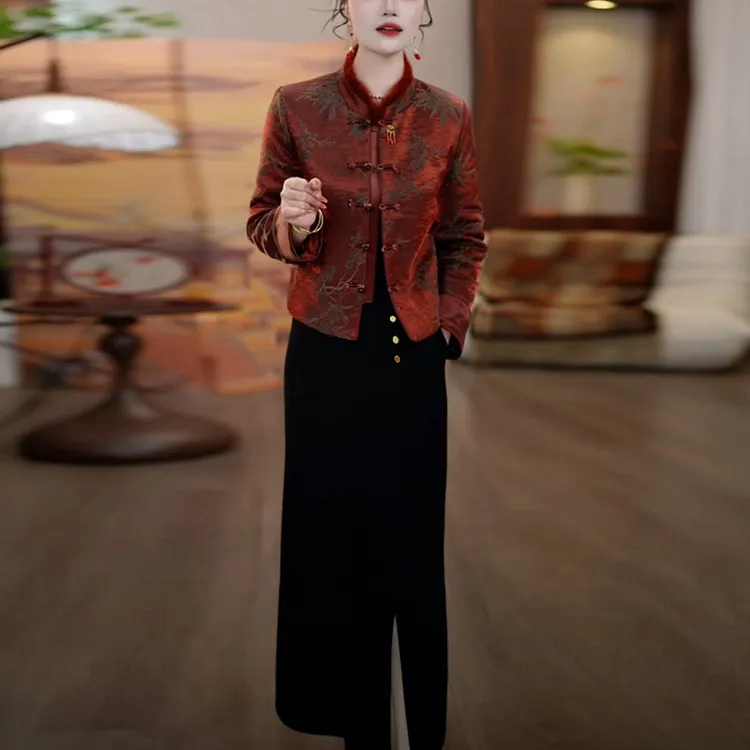 气质国风夹棉保暖裙子套装冬季新款爆款洋气显瘦高贵两件套连衣裙