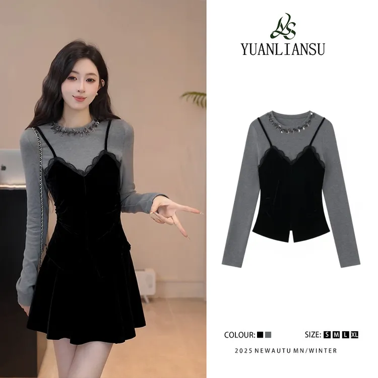 YUANLIANSU/圆脸酥【凛若冰霜】法式设计感钉珠蕾丝拼接T恤女装秋季