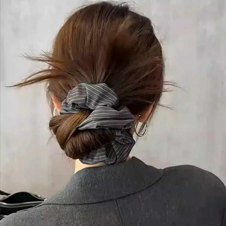 韩系条纹丸子头发圈大肠圈低马尾氛围感发绳复古头饰2025年新款