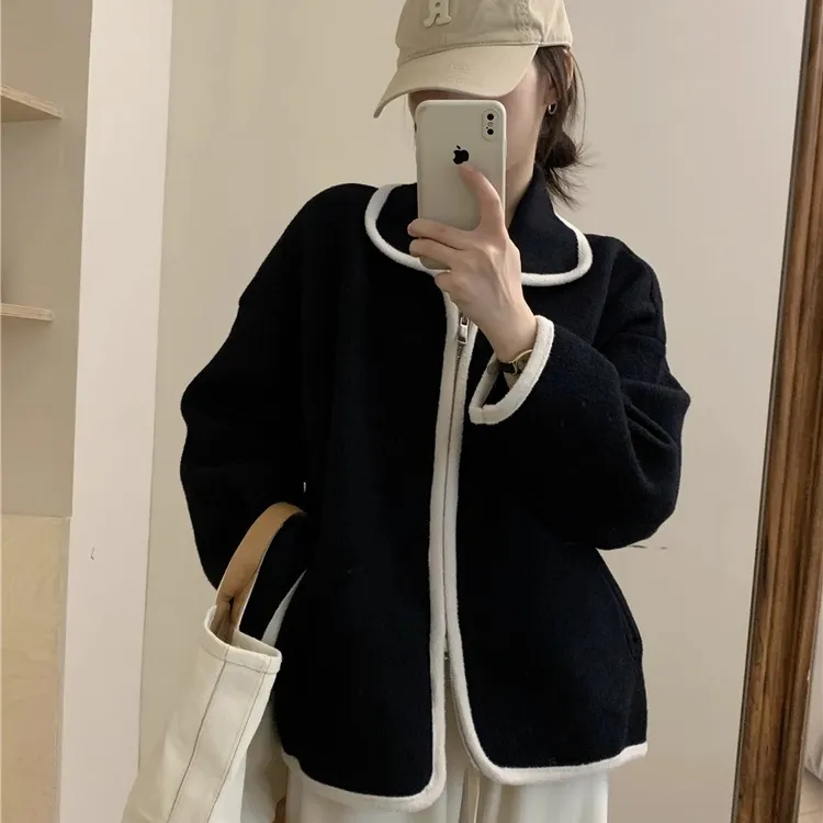 拼接短款毛呢外套通勤做旧休闲风直下摆夏季毛呢外套通用女宽松型