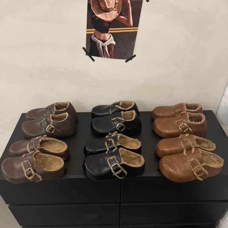 勃肯鞋女皮面棉鞋毛毛鞋2025年冬季新款防滑豆豆鞋加绒保暖乐福鞋