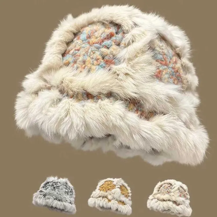 新款兔毛手工醒狮帽女冬季显脸小毛绒保暖帽加厚保暖护耳渔夫帽