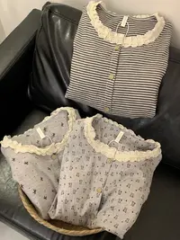 韩版ins花边少女卡通条纹秋季女款休闲宽松带胸垫睡衣套装可外穿
