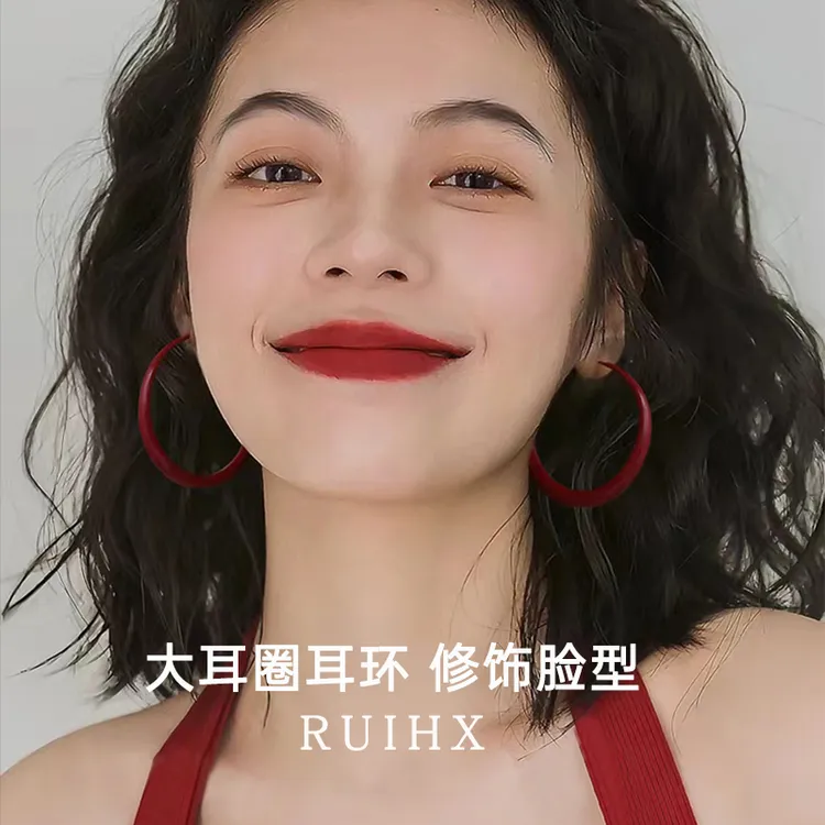 合金耳饰 999纯银耳针安可拉红耳圈港风轻奢高级感素圈耳环秋冬