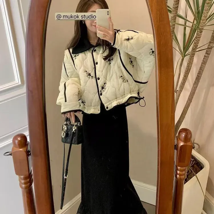 法式印花小香风加厚保暖短款外套棉服女2025冬季新款宽松百搭棉衣