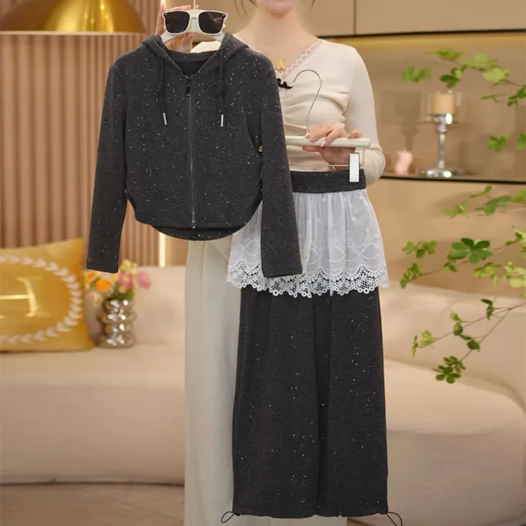 女童2024春季新款时尚韩系春秋连帽拉链上衣外套+假两件花边裙裤9