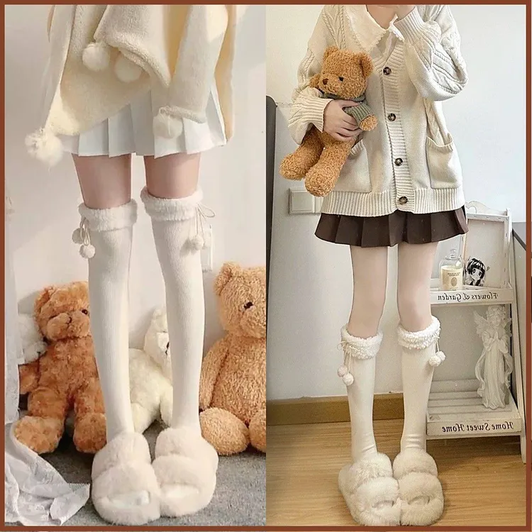 奶白色小腿袜子女秋冬款加厚保暖蝴蝶结毛球小腿过膝堆堆袜日系jk