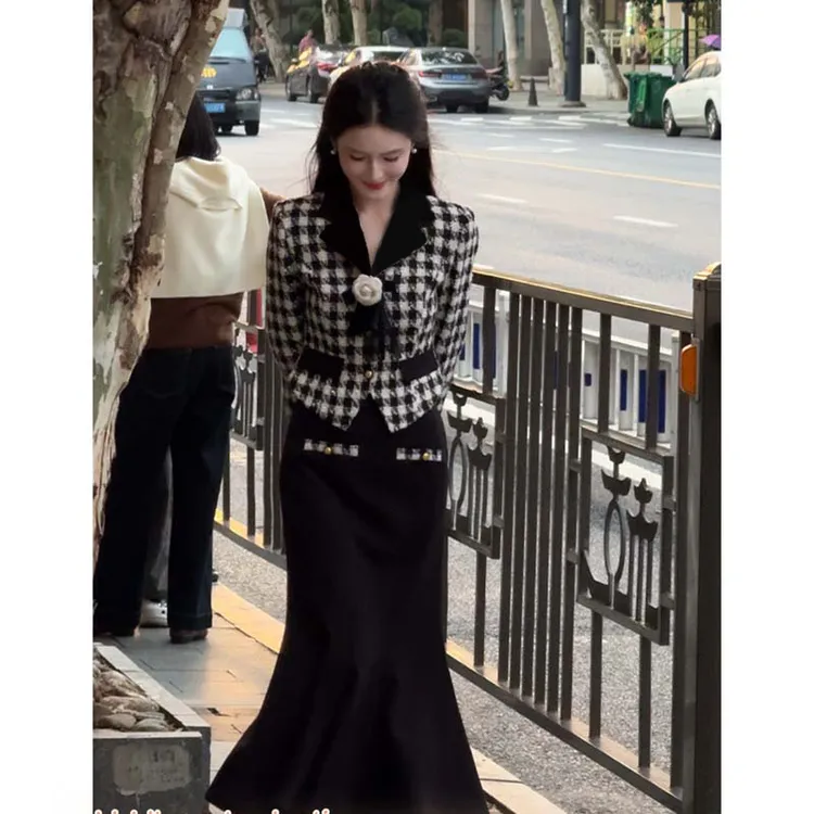 【两件套】【送领花】2025春秋千金风复古千鸟格外套鱼尾裙套装D3578