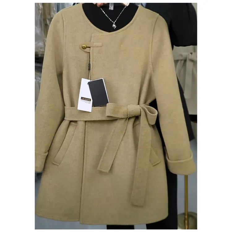 秋冬新款高端双面毛呢大衣单粒扣腰带中长款百搭气质大衣-DY0191