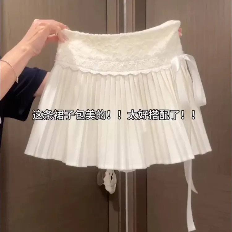 白色设计感纯欲初恋少女蛋糕裙甜美蕾丝拼接系带百褶裙防走光短裙