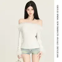 【CHUN ZI】一字领露肩毛毛领长袖T恤女内搭打底衫性感外穿锁骨上衣