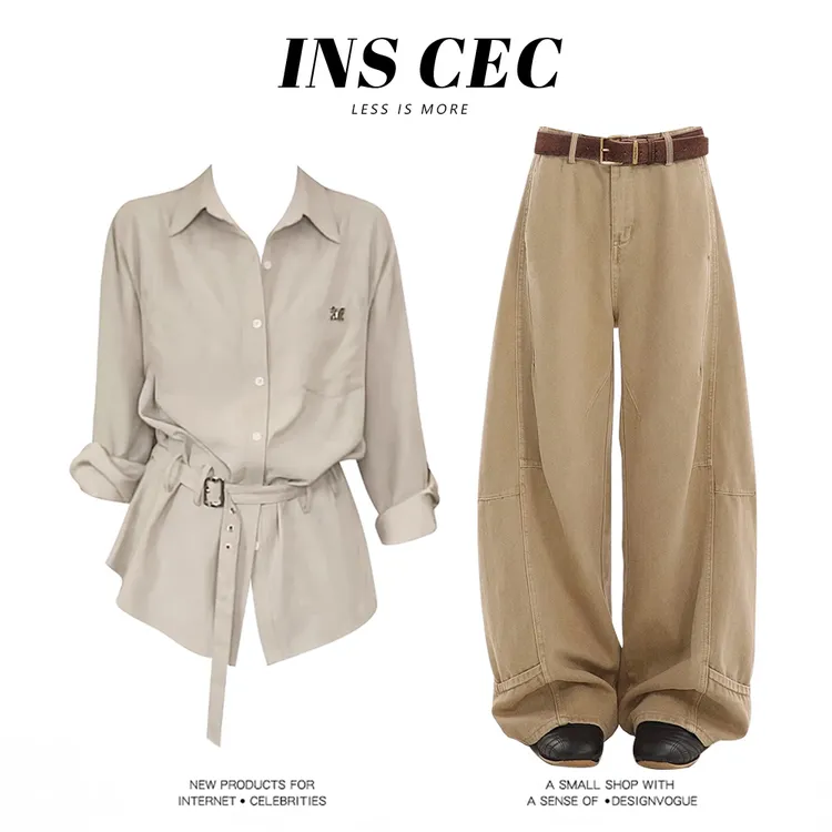 INS CEC法式蝴蝶金属标收腰长袖翻领衬衫时尚休闲长裤秋季套装