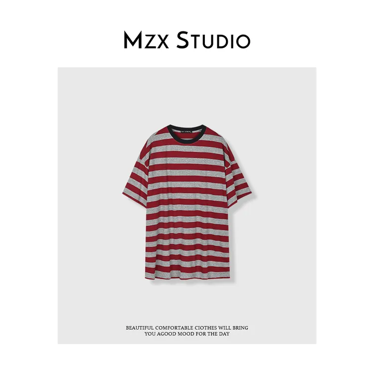 MZX夏季圆领撞色条纹百搭休闲时尚短袖上衣SY8621-R