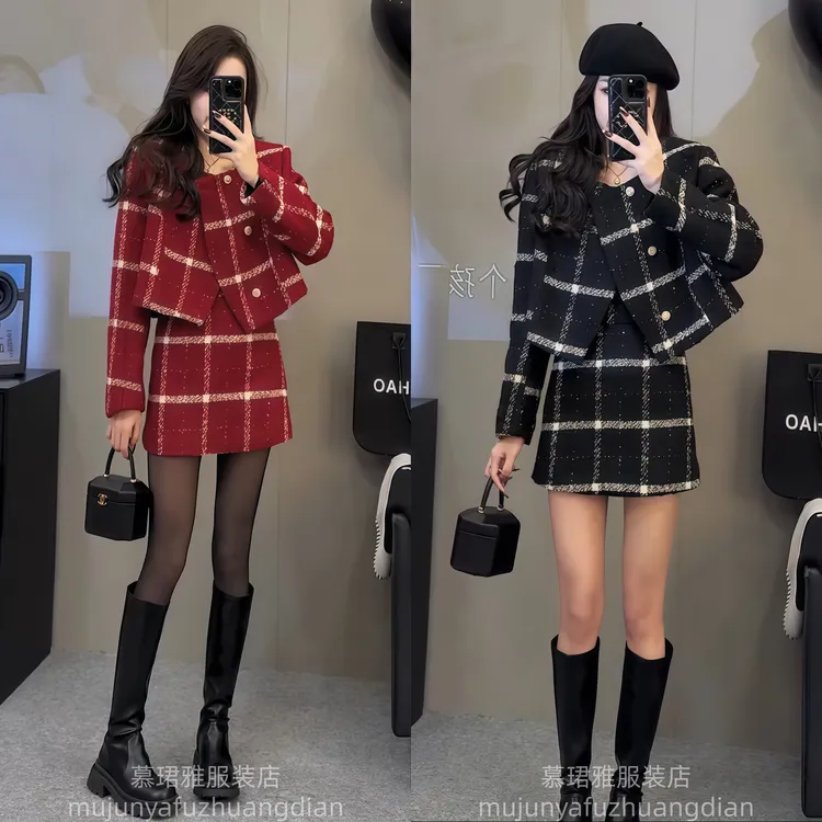 网红爆款新年款香风套装裙女2025秋冬新款欧货名媛风短外套+短裙