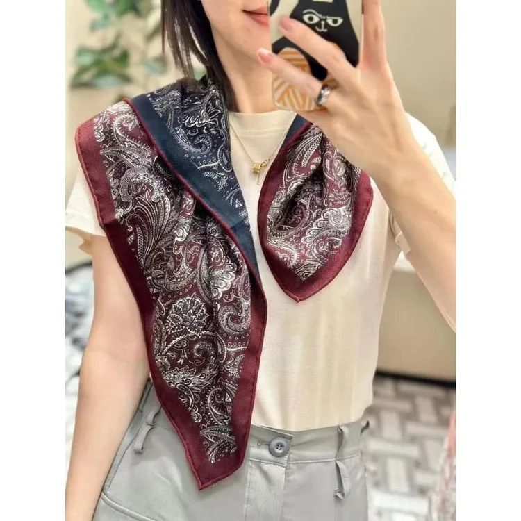 丝毛双面凤尾腰果花60方巾女士丝巾围巾防晒披肩外搭时尚百搭B332