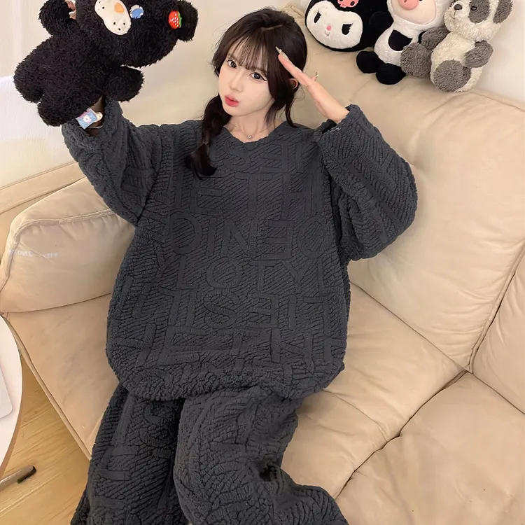 珊瑚绒睡衣女款秋冬季加绒加厚条纹休闲提花冬天家居服可外穿套装