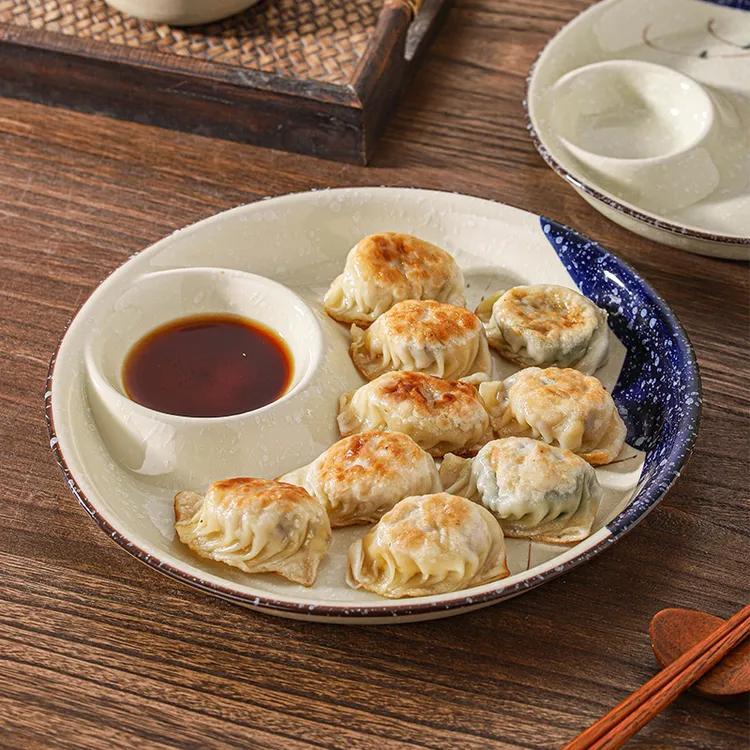 日式饺子盘带醋碟蘸料碟家用陶瓷小吃水饺专用盘寿司盘零食盘摆盘