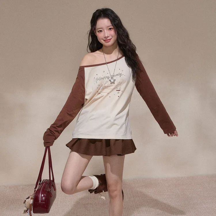 【NCXK】蛋糕小狗印花撞色插肩长袖T恤大圆领可斜肩两穿CX25122