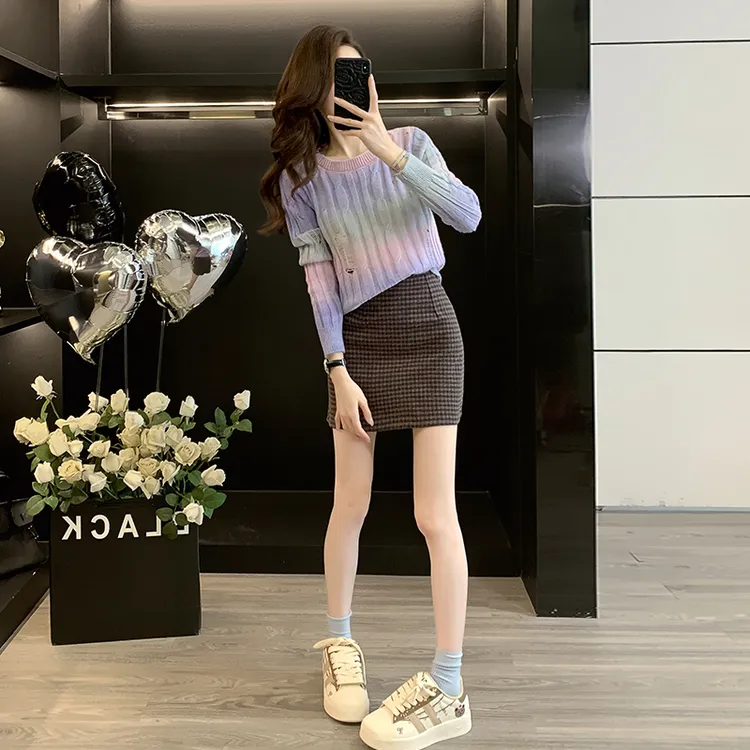 高级感马海毛毛衣女秋新款打底针织衫上衣毛呢短裙a字冬裙半身裙