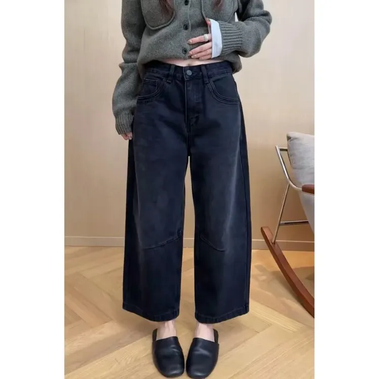 欧货复古黑色阔腿牛仔裤女2025秋季新高腰宽松遮跨显瘦九分直筒裤