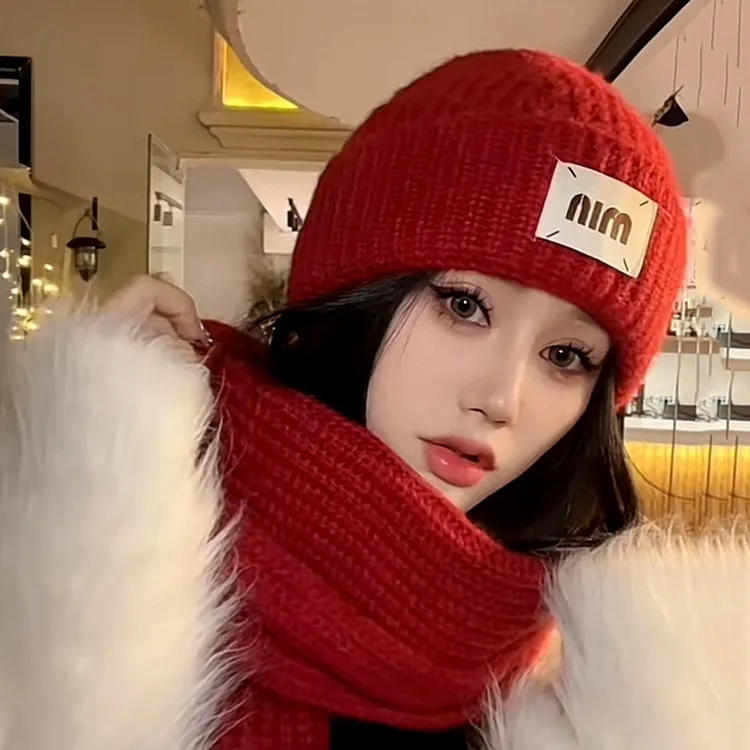 红色毛线针织帽子女秋冬季2024新款显脸小大头围保暖护耳帽冷帽男