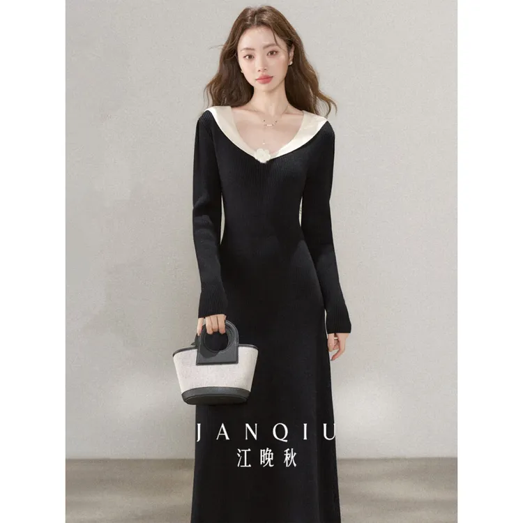 韩国法式复古修身显瘦内搭针织连衣裙女春秋季配大衣的打底长裙子