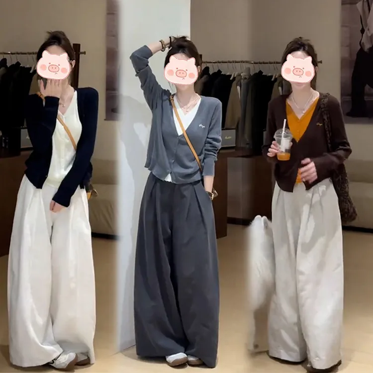 2025年秋季韩系穿搭一整套时尚百搭假两件上衣搭配阔腿裤两件套女