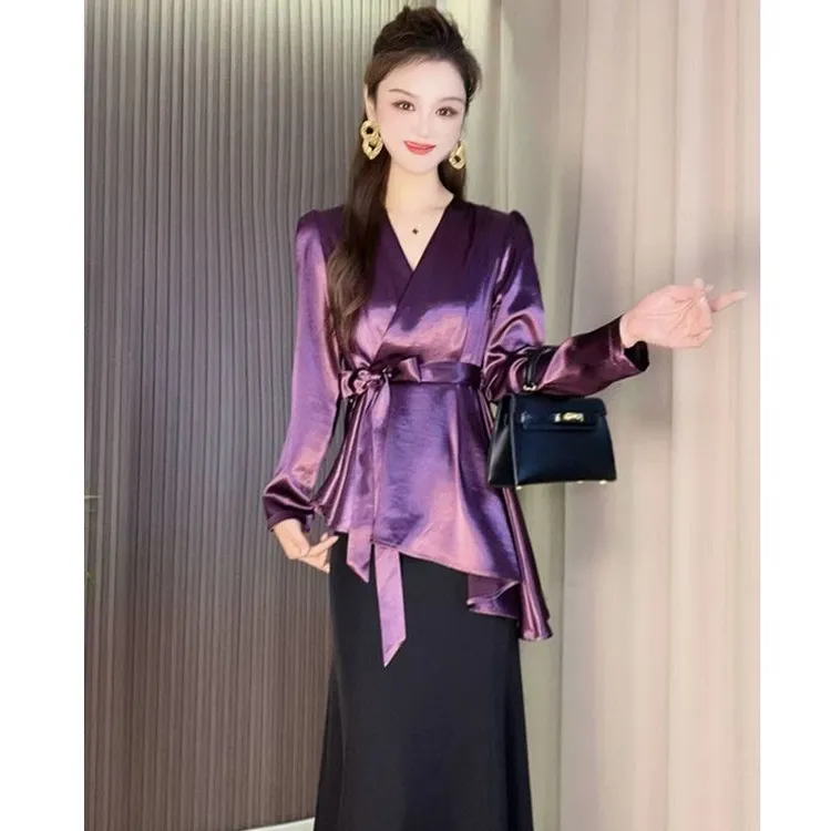 设计感醋酸上衣轻熟紫色绑带秋季小衫法式洋气收腰小众缎面衬衣