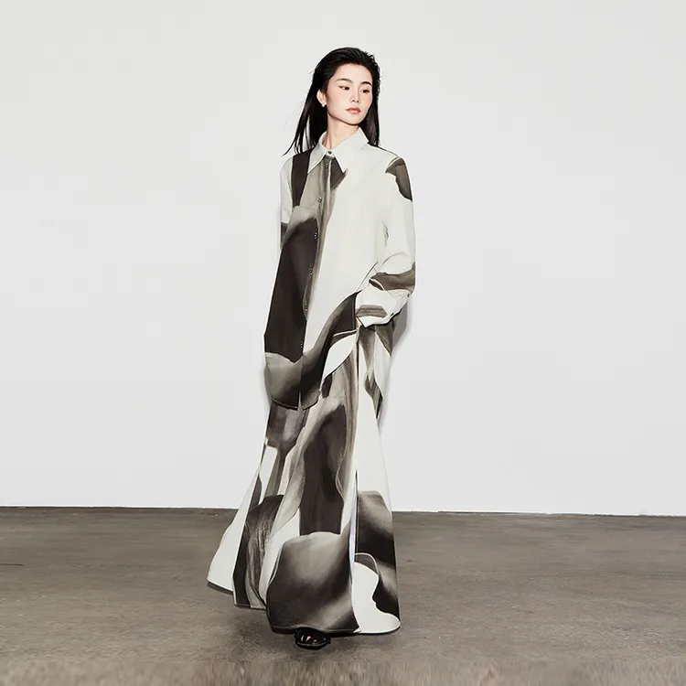The Middle水墨印花衬衫半身裙套装中长款女夏季宽松两件套荷叶边