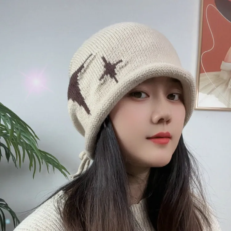 网红手工编织堆堆帽子女秋冬气质保暖毛线帽护耳显脸小包头帽防寒