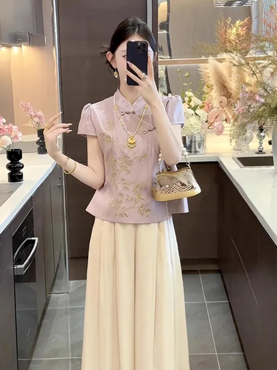 千金风法式新中式刺绣套装女夏季仙气小飞袖百搭气质阔腿裤两件套