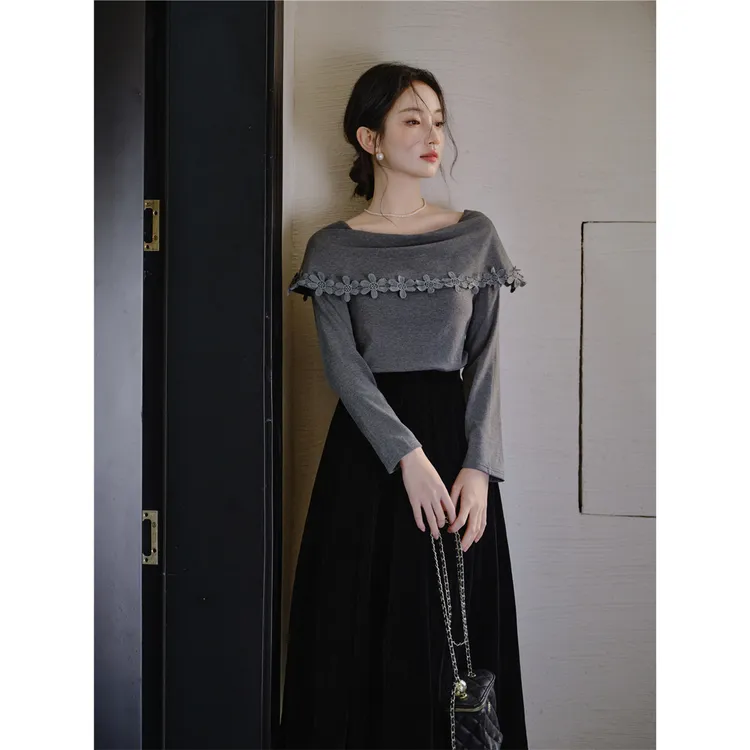 法式复古一字肩针织衫半身裙时尚套装秋季打底两件套丝绒百褶裙子