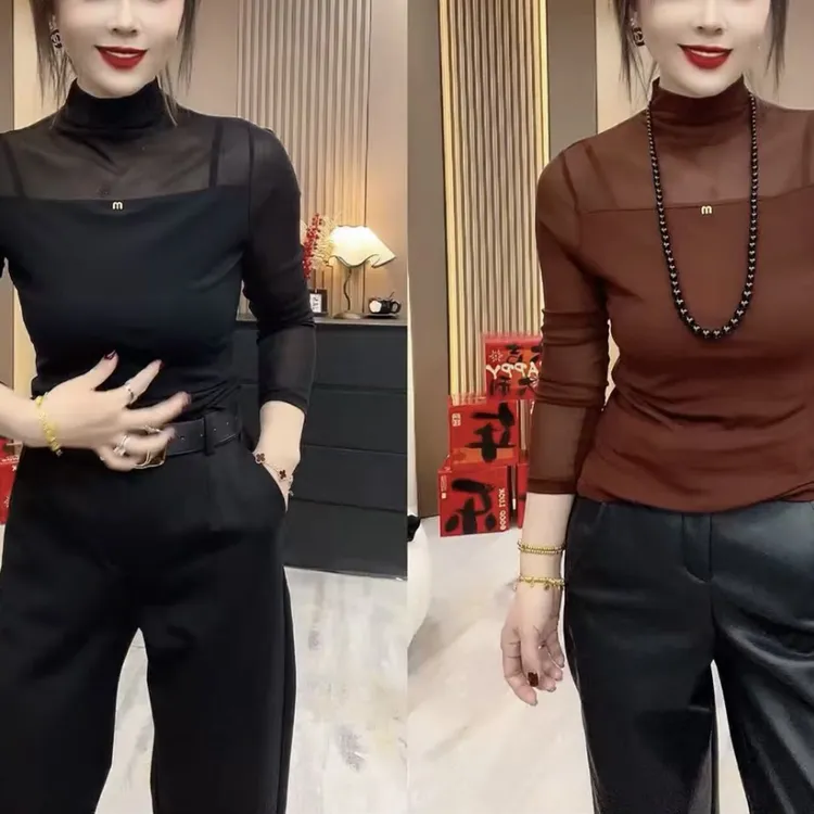 时尚高贵长袖网纱打底2024春秋新款半高领百搭洋气显瘦修身上衣女