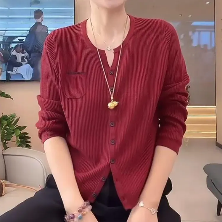 圆领时尚百搭休闲针织开衫长袖女2025秋季新款显瘦小众通勤上衣