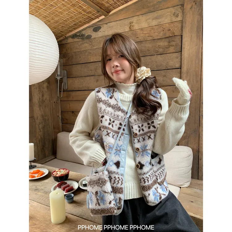 可爱费尔岛羊羔毛麂皮叠穿马甲背心女保暖外套送包包