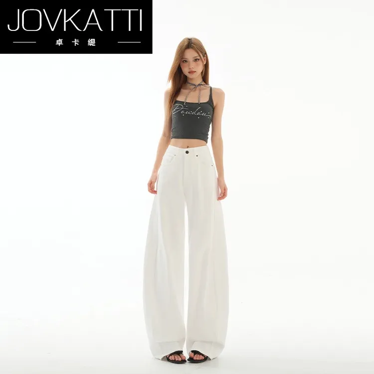 卓卡缇美式白色垂感弯刀牛仔裤女2025秋季新款高腰阔腿宽松香蕉裤
