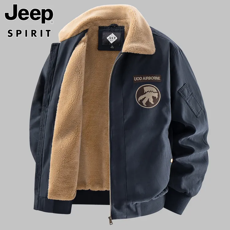 JEEPSPIRIT吉普翻领羊羔绒休闲夹克男士加绒加厚保暖工装宽松外套