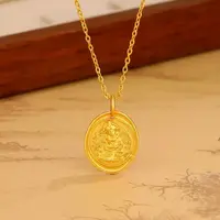 铜合金项链 藏式扎基拉姆项链古法实心吉祥如意黄财神圆牌吊坠女