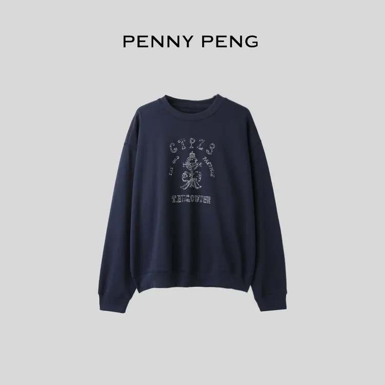PENNYPENG 手书画报 慵懒风圆领宽松卫衣时尚百搭上衣洋气衣服女