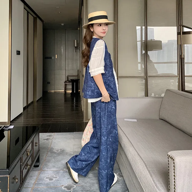蓝色小香风牛仔套装女夏季2025新款成套搭配减龄休闲阔腿裤两件套