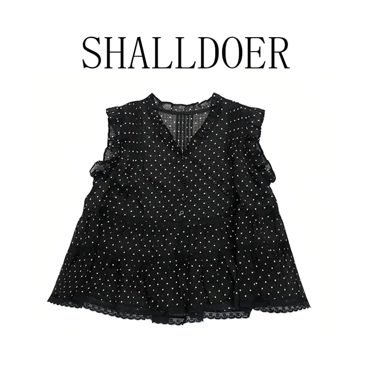 法式V领波点木耳边衬衫上衣女黑色爆款时尚洋气高级感气质穿搭