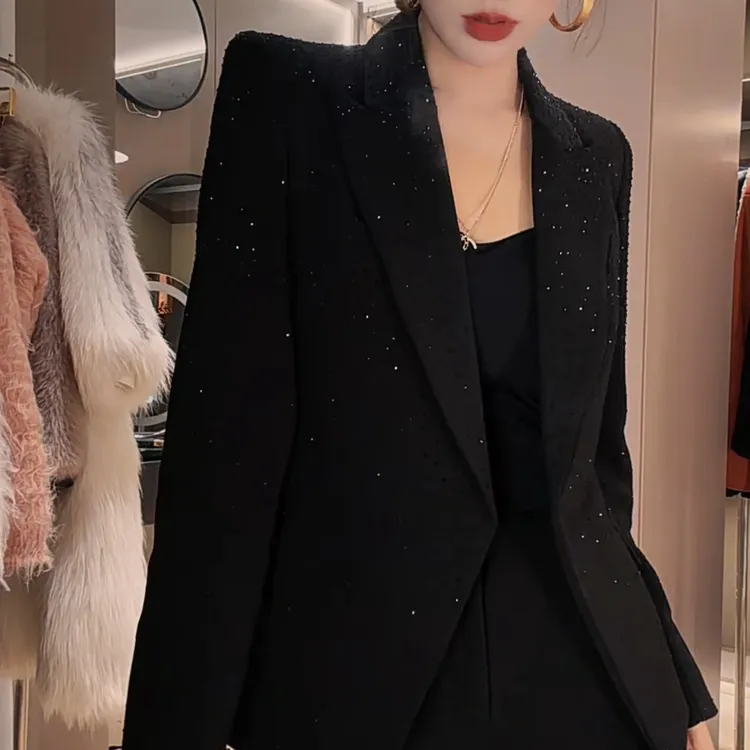 莎火火-高端春装新品上市高压钻西装外套女修身显瘦百搭高级35037