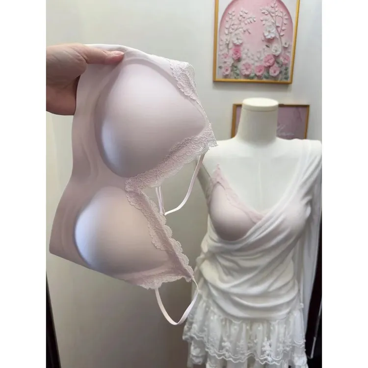 肩带舒服蕾！粉色真的美死了！纯欲蕾丝V领美背聚拢收副乳内衣女