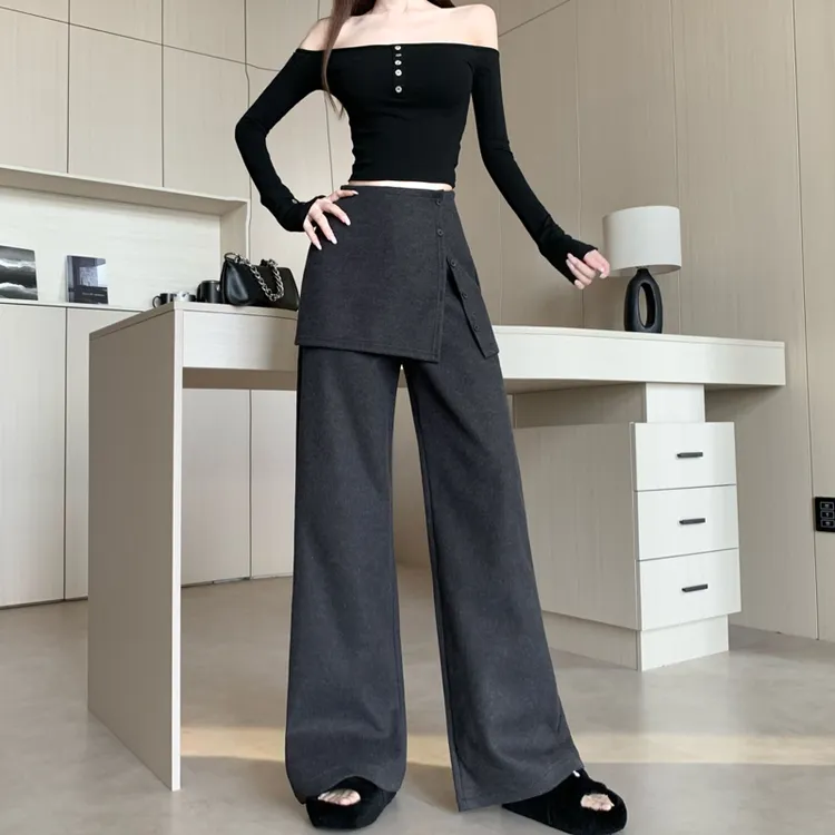 高级感毛呢屁帘休闲直筒裤女秋冬新款高腰显瘦裙裤时尚百搭拖地裤