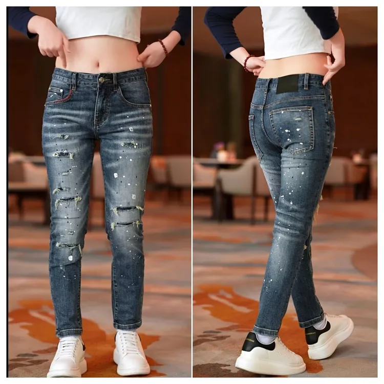 九分裤新款男士爆款泼墨破洞补丁牛仔裤修身弹力小脚裤复古蓝长裤