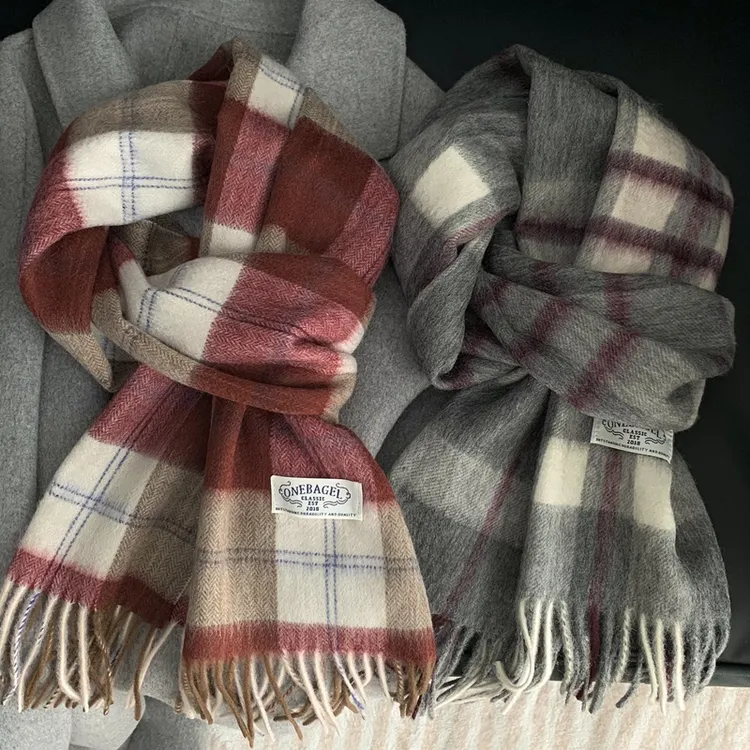 满满高级感~精选100%澳洲纯羊毛安可拉红灰色格子英伦风保暖围巾