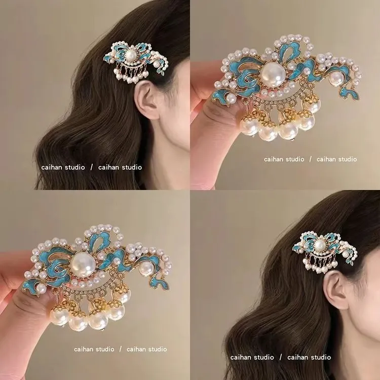 国风烧蓝珍珠发夹!高级感花朵流苏边夹精致清汉唐宋制发夹马尾夹