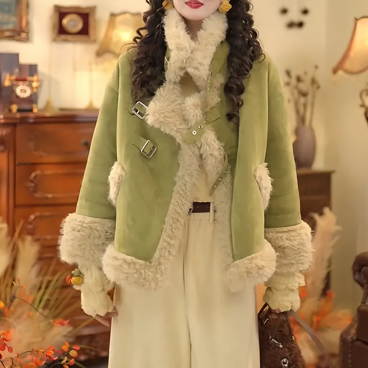 日常出街保暖抗寒适配多穿搭2025冬季毛绒棉服女宽松拼接遮肉藏肉